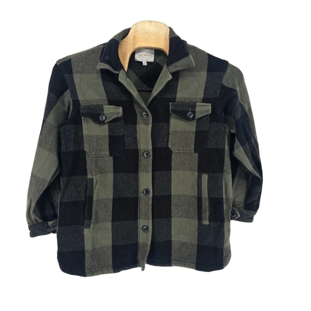 Lucky Brand Shirt Jacket Womens Medium Green Black Buffalo Plaid Cotton Shacket